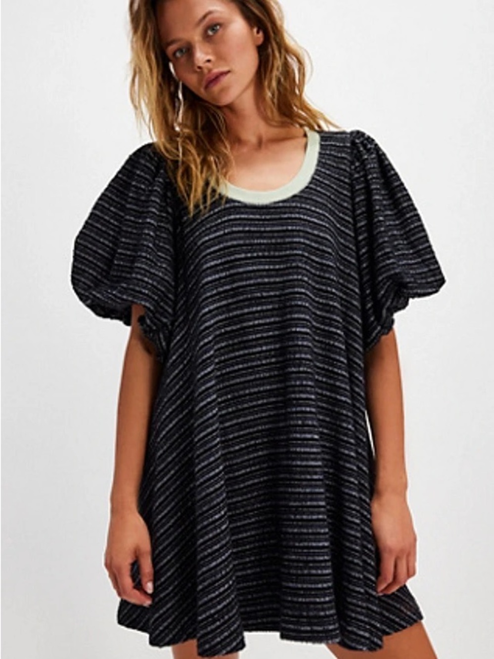 Free People Black Striped Puff Sleeve Mini Dress Hudson Pullover Tunic